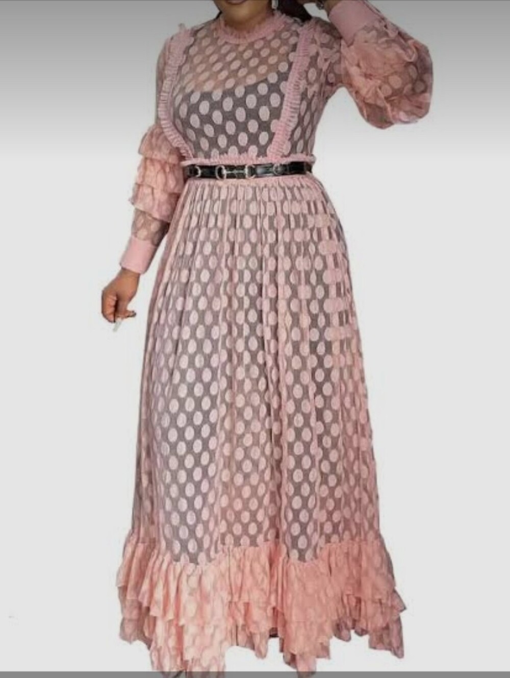 Elegant Pink Polka Dot Maxi Dress with Ruffled Hem Sz 1xl